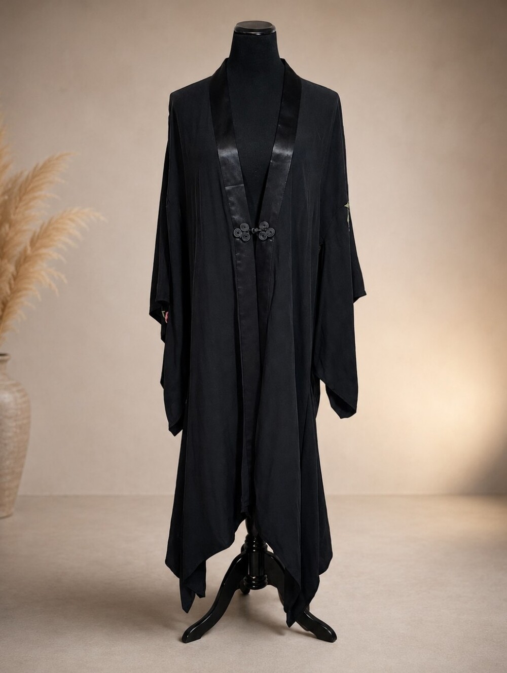 Vintage Sue Wong Embroidered Kimono Sleeve Duster Jacket Black Size L Made USA